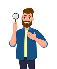 Smart young man holding/showing magnifying glass and holding hand on chest. Search, find, discovery, analyze, inspect, investigation, human emotion concept illustration in vector cartoon flat style.