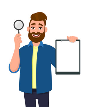 Smart young bearded man showing/holding magnifying glass and blank or empty clipboard/document/report in hand. Search, find, discovery, analyze, inspect, investigation concept illustration in cartoon.