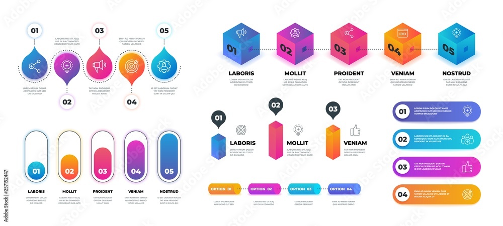 Poster Step 3D infographic. Realistic flowchart graph, business options presentation template. Vector workflow circle graphic template set