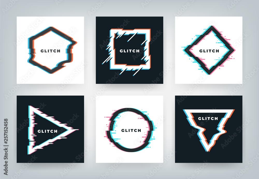 Poster Glitch effect posters. Retro futuristic distortion dynamic geometry shapes, minimal abstract background. Vector glitched party flyers set