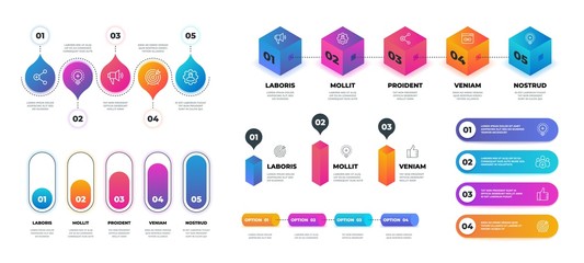 Step 3D infographic. Realistic flowchart graph, business options presentation template. Vector workflow circle graphic template set - obrazy, fototapety, plakaty