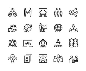 Team work line icons. Business person group work human support teamwork leadership working together. Vector employee set