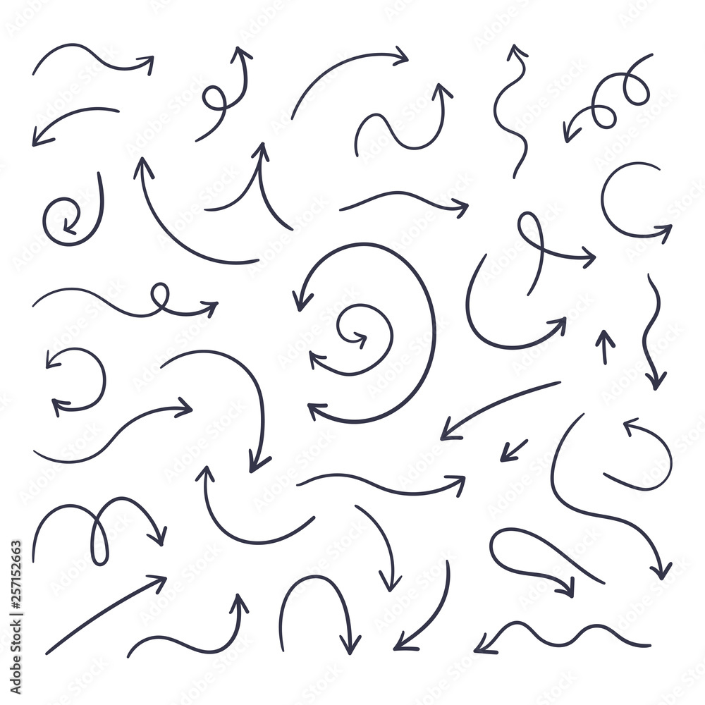 Poster Doodle arrows. Hand drawn line pointers, pencil sketch elements, round curly wavy direction arrows. Vector linear black arrow set