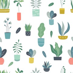 Houseplants seamless pattern. Abstract geometric indoor flowerpots with cute garden plants and succulents. Vector plants pattern