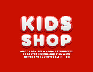 Vector bright banner Kids Shop with trendy Font. Red and White stylish Alphabet