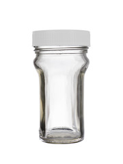 The empty glass jar of a flat form with a plastic cover isolated on a white background