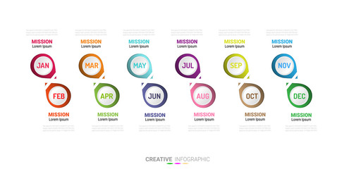 Time line for 1 year, 12 months, Timeline infographics design vector 12 steps.