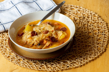 Cabbage soup in bowl.