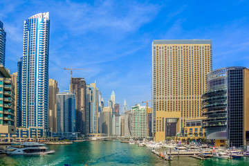 Fototapeta na wymiar Amazing view of Dubai Marina Waterfront Skyscraper, Residential and Business Skyline in Dubai Marina, United Arab Emirates