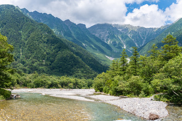 Naklejka na ściany i meble River and Summer Forest Landscape,Pathway at Kamikochi in Japan