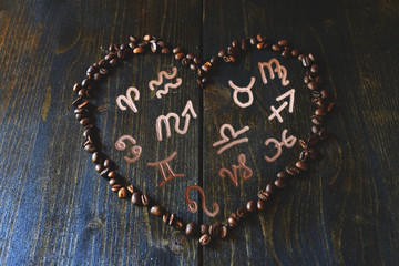 Astrology and zodiac signs in heart from coffee beans