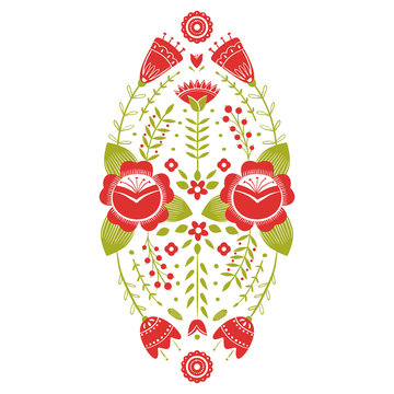 Stylized pattern, folk art, floral ornament in red and green colors. Symmetrical pattern vector background. Red and green colors