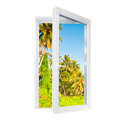 landscape with sea, palms and blue sky outside open window