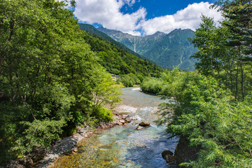 Fototapeta na wymiar River and Summer Forest Landscape,Pathway at Kamikochi in Japan