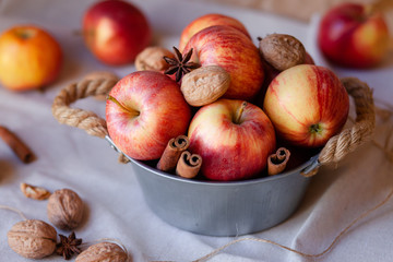 Seasonal autumn still life with apples, nuts and spices. decorated in rustic style. bright colors, ripe,  fresh fruits