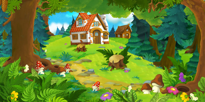 cartoon scene with beautiful rural brick house in the forest on the meadow - illustration for children