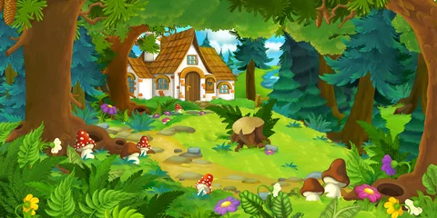 Gardinen cartoon scene with beautiful rural brick house in the forest on the meadow - illustration for children © agaes8080