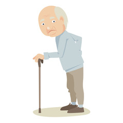 Grandfather with a cane. Elderly men upset with back pain, vector illustration.