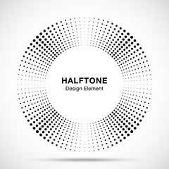 Halftone music circle frame abstract dots logo emblem design element. Half tone circular icon. Disc musical insignia. Round border using halftone circle dots raster texture. Vector illustration. 