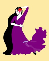 Gypsy girl with long black hair, dressed in purple dress, is dancing flamenco isolated on light yellow background.