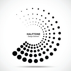 Halftone dotted circle frame abstract dots logo emblem design element for medical, treatment, cosmetic. Half moon. Round border Icon using halftone circle dots raster texture. Vector illustration. 