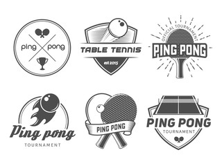 Table tennis logos. Vector ping pong badges for tournament, championship or tennis club. Labels with rackets, balls and equipment - obrazy, fototapety, plakaty