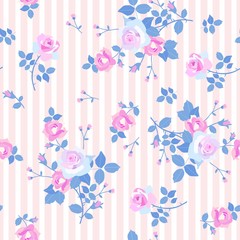 Seamless striped pattern with small bunches of white and pink roses with blue steams and leaves.