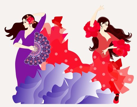 The element of fire and the element of water. Two Spanish or Gypsy girls dressed in long dresses dancing flamenco.