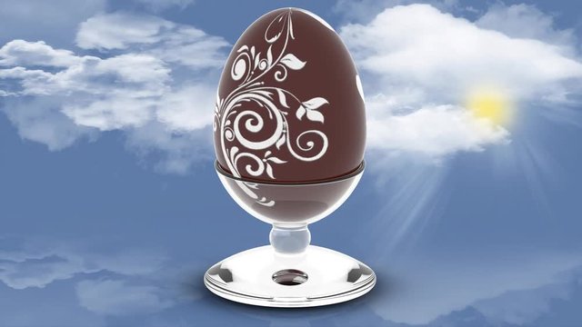 Animazione illustrazione 3D.  Uovo di Pasqua di cioccolato ruota mostrando varie decorazioni.