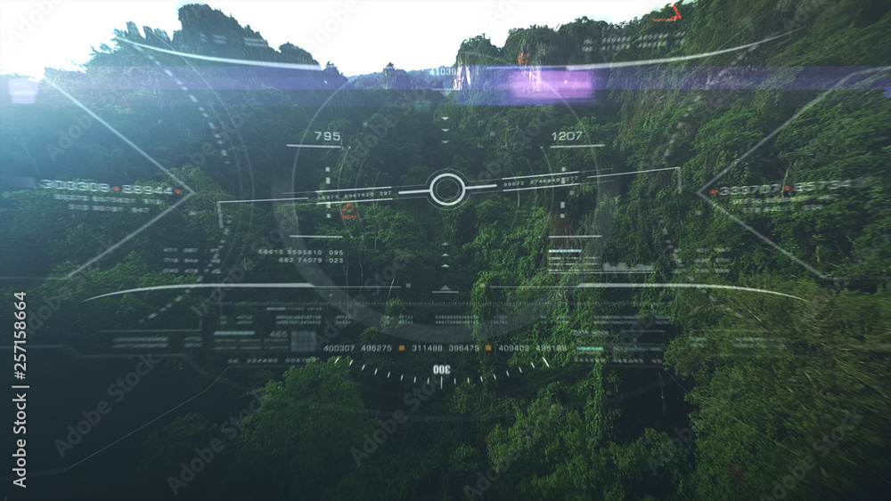Fototapete Aerial view from the fighter plane's cockpit flying in the lime stone mountain canyon with head up display acquire targets and enemies location hidden in the dense mountain forest