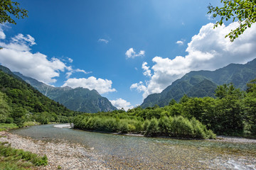 River and Summer Forest Landscape,Pathway at Kamikochi in Japan