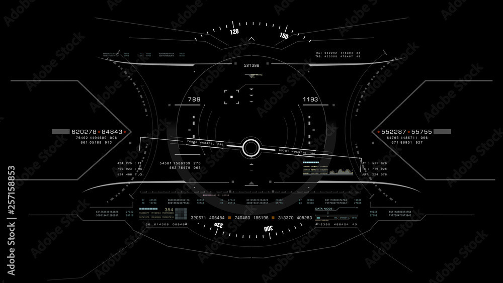 Poster Aerial view from the fighter plane's cockpit flying in the lime stone mountain canyon with head up display acquire targets and enemies location hidden in the dense mountain forest