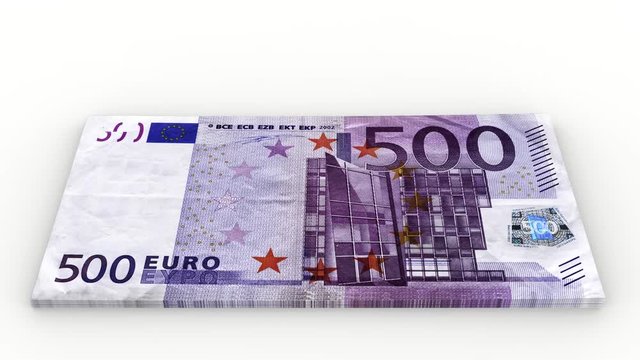 Animazione illustrazione 3D. Crescita pila di banconote da  cinquecento euro su sfondo bianco.