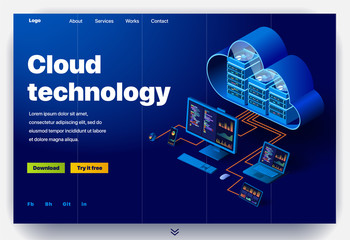 Cloud technology website. Concept of a landing page for data center. Website providing the service of modern cloud technology. Vector website template with 3d isometric illustration data center