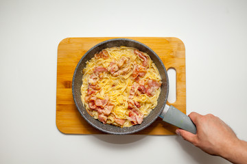 Man's hand holding a pan with Carbonara paste