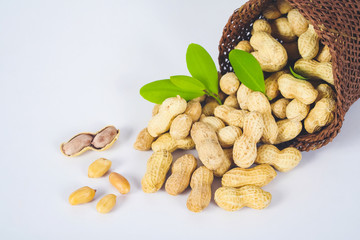 Peanut spill out of basket on background.