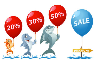 Sale and discount percentages. Funny goldfish, shark and dolphin holding balloons.