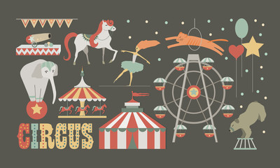 Circus performance set. Human and animals design elements.