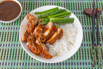 Bowl of rice with teriyaki chicken, chopsticks, cup with sauce on a bamboo napkin, top view. Asian...