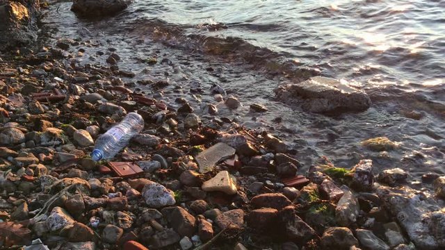 plastic bottle falls on the littered beach, environmental pollution concept