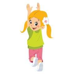 Happy little girl trying to reach something while looking us