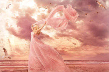 Woman Portrait in Long Dress on Sea Coast, Fantasy Girl Pink Gown with Flying Shawl in Storm Wind