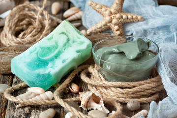 Sea spa concept with natural  body clay and soap