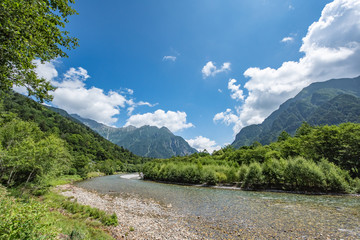 River and Summer Forest Landscape,Pathway at Kamikochi in Japan