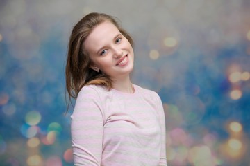 portrait of soncept young cheerful long-haired loving brunette woman standing in casual clothes,...