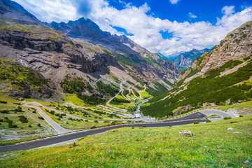 Italy, Stelvio National Park. Famous road to Stelvio Pass in Ortler Alps. Alpine landscape.