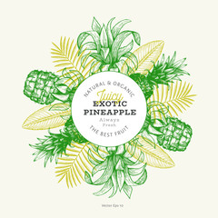 Pineapples and tropical leaves design template. Hand drawn vector tropical fruit illustration. Engraved style ananas fruit banner. Retro botanical frame.