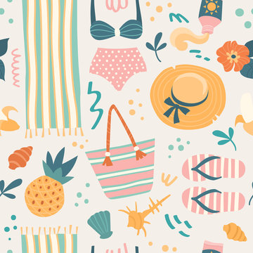 Summer pattern. Vector seamless colorful pattern in cartoon style with beach clothes and objects on white background.