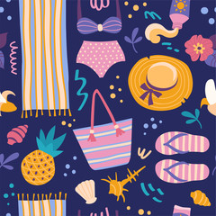 Summer pattern. Vector seamless colorful pattern in cartoon style with beach clothes and objects on dark background.