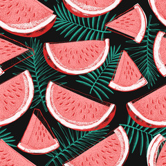 Watermelon and tropical leaves seamless pattern. Hand drawn vector exotic fruit illustration. Engraved style fruit design Retro botanical background.